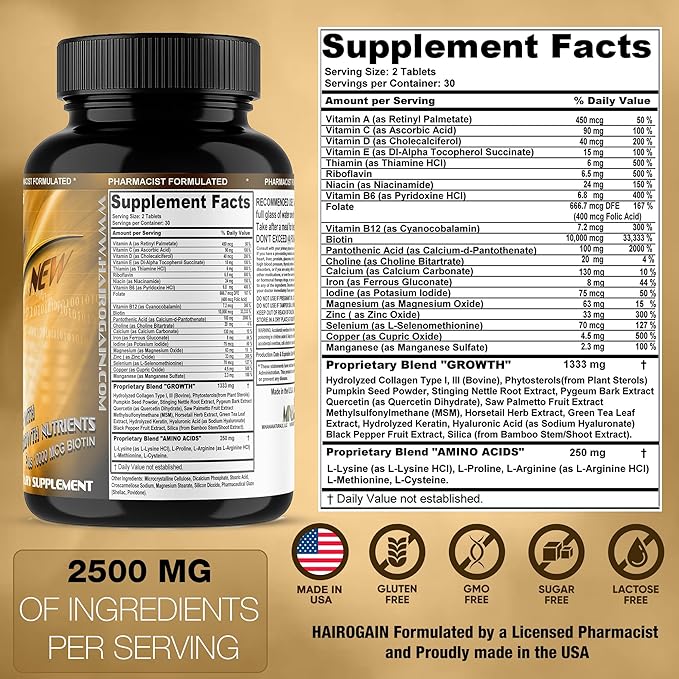 HAIROGAIN DHT Blocker. Support Hair Growth. 10000 mcg Biotin Collagen &amp Hair Vitamins Added. Help Decrease Hair Loss and Baldness. 60 Tablets