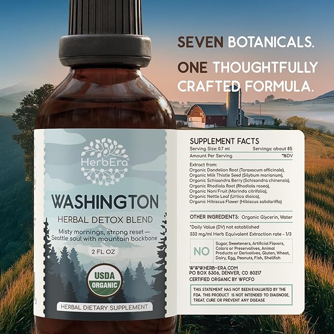 HerbEra Washington Herbal Detox Blend - USDA Organic Extract Made in USA | Immune &amp Liver Support Liquid Drops | Dandelion Root Milk Thistle Noni Rhodiola Schisandra | 2 fl oz