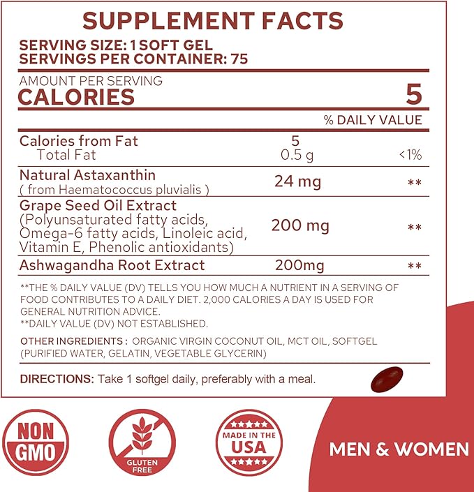 Astaxanthin Supplements 24mg 5 Month Supply - Coconut MCT Oil Fresh Microalgae Source w/Grape Seed Oil Ashwagandha - Antioxidants for Healthy Skin Eyes Aging - Non-GMO &amp Gluten Free 150 Soft