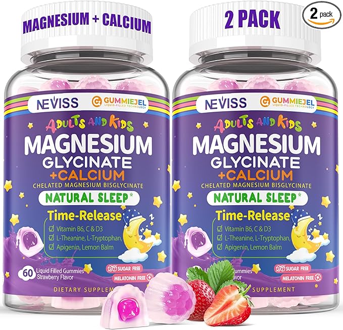 Neviss Magnesium Glycinate + Calcium Filled Gummies for Adults and Kids 4+ Kids Sleep Gummies Melatonin Free No Sugar Magnesium Supplement w/B6 D3 L-Theanine for Zzz Relax BrainBoneMuscle 2Pack