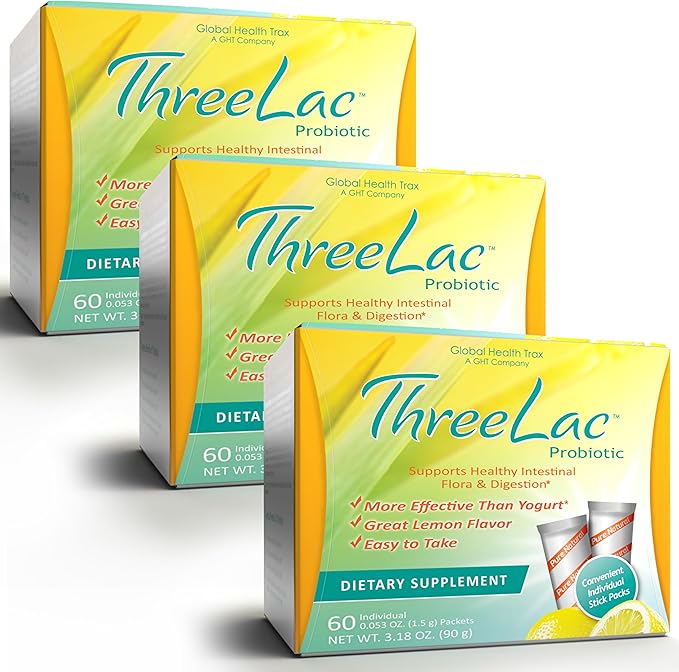 Global Health Trax ThreeLac Lemon Probiotic Drink Mix for Digestive Health - Advanced Probiotic Powder Formula for Men Women and Kids - Immune Support &amp Gut Balance Non-GMO - 180 Packets
