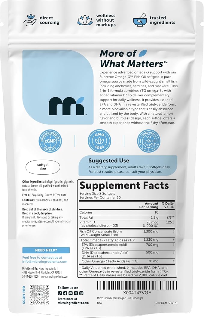 Micro Ingredients Supreme Omega-3 Fish Oil w/Ultra High EPA &amp DHA Burpless Softgels | rTG Omega-3 with Vitamin D3 | Wild-Caught Cold Deep-Sea Water | Lemon Flavor Easy to Swallow 120ct