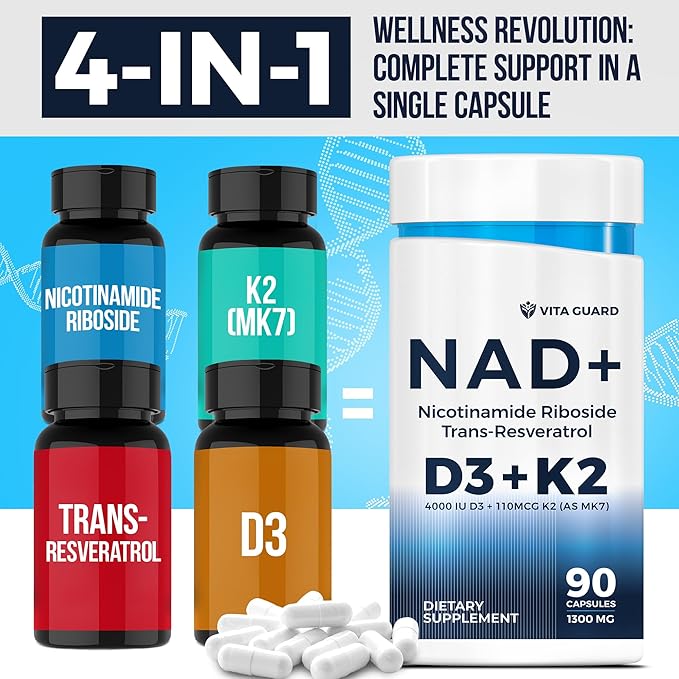 Anti-Aging Energy NAD Supplement – NMN Alternative with Nicotinamide Riboside 1000mg Trans-Resveratrol 300mg Vitamin D3 4000 IU and K2 110 mcg MK7 – Vegetarian 60 Capsules 1300mg