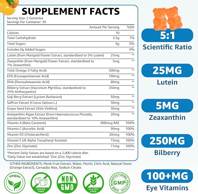 Sugar Free Lutein Gummies 25mg Lutein and Zeaxanthin Supplements for Eye Health 13-in-1 Eye Care Formula with Omega-3 Bilberry Saffron-Vision Health Eye Strain Dry EyesVegan Orange Flavor 120 Cts