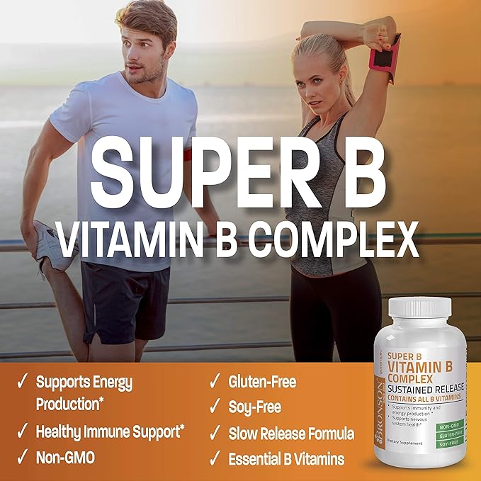 Bronson Super B Vitamin B Complex Sustained Slow Release + Vitamin A 10000 IU Premium Non-GMO Formula