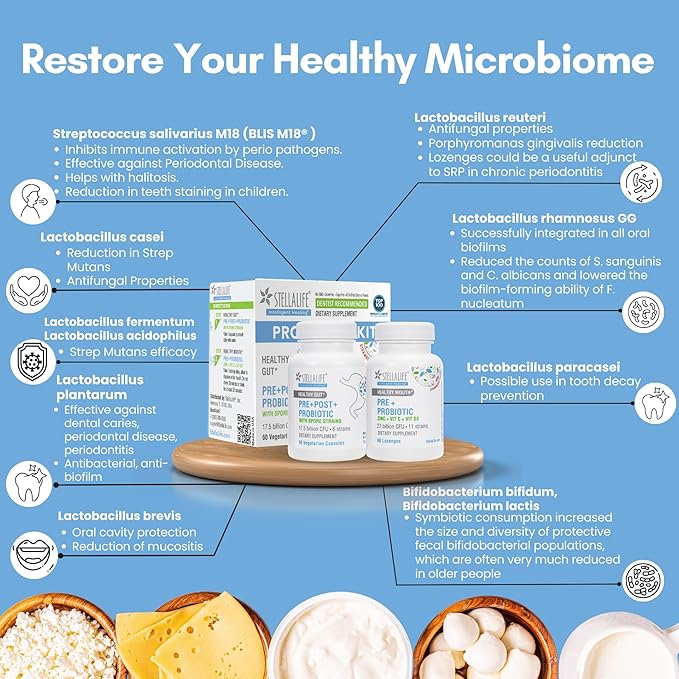 StellaLife Probiotics Oral &amp Gut Prebiotics Post Probiotics Kit: 44.5B CFU 11 Oral &amp 6 Gut Spore strains for Digestive &amp Dental Health Bad Breath Treatment Tongue Hygiene Strawberry Fl
