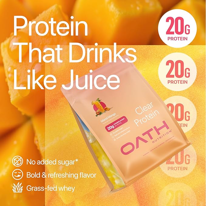 Oath Nutrition Clear Whey Isolate Protein Powder Island Mango 20g Complete Protein per Serving No Added Sugar Grass-Fed 18 Servings