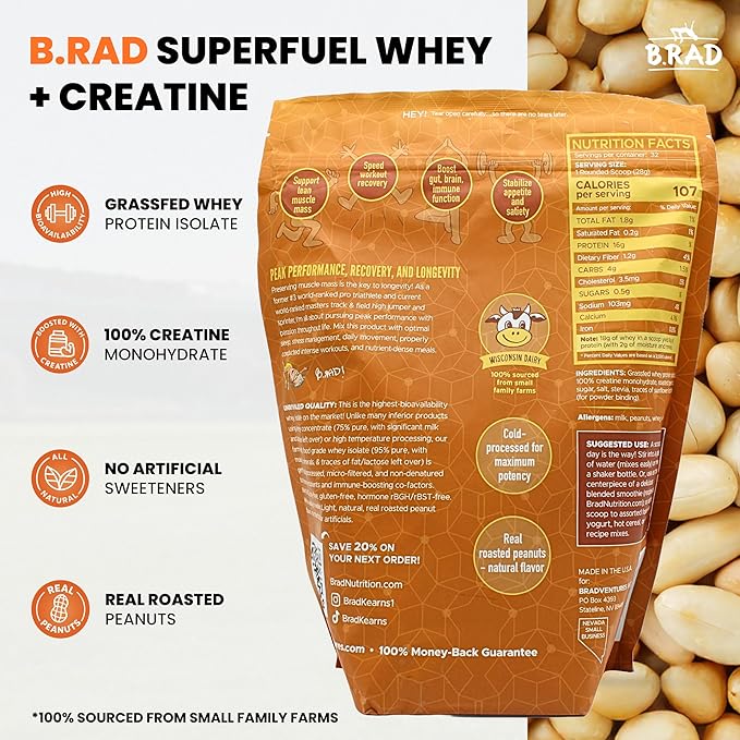 B.rad Superfuel - Grass Fed Whey Protein Isolate Boosted with Creatine | Farm-Fresh Easy-to-Digest Clean Ingredients | 2 Pounds | 100% USA Sourced | Peanut Butter