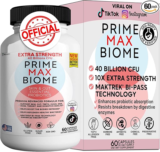 Probiotics 40 Billion CFU – Extra Strength Skin &amp Gut Support with MAKTrek® Bi-Pass Technology – 4 Strains + Prebiotics – Non-GMO Gluten-Free 60 Capsules (1)