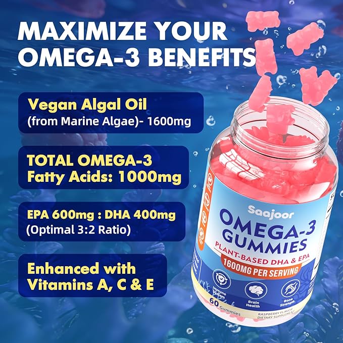 2 Pack Vegan Omega-3 Gummies1000mg for Adults - Sugar Free Supplement with 400mg DHA &amp 600mg EPA Vitamins A C E and Zinc - 120 Count