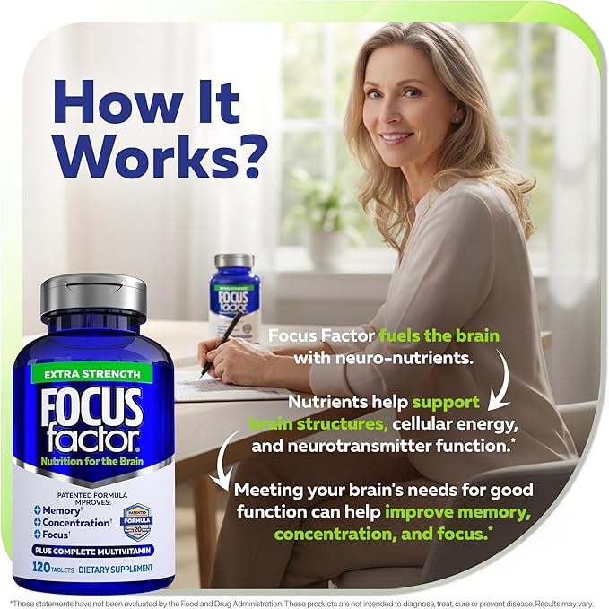 Focus Factor Adults Extra Strength Brain Supplement for Memory Concentration and Focus - Complete Multivitamin with DMAE Vitamin D DHA - Trusted Health Vitamins 120 Count (Pack of 3)