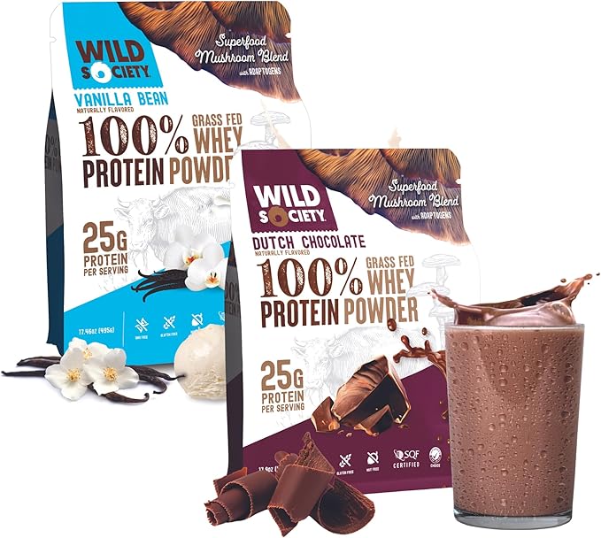 WILD SOCIETY - Top Flavor Mulitpack - 100% Grass Fed Whey Protein Powder + Superfood Mushrooms &amp Adaptogens - 25g Protein Clean Protein Powder 0 Added Sugar Non GMO Gluten Free -