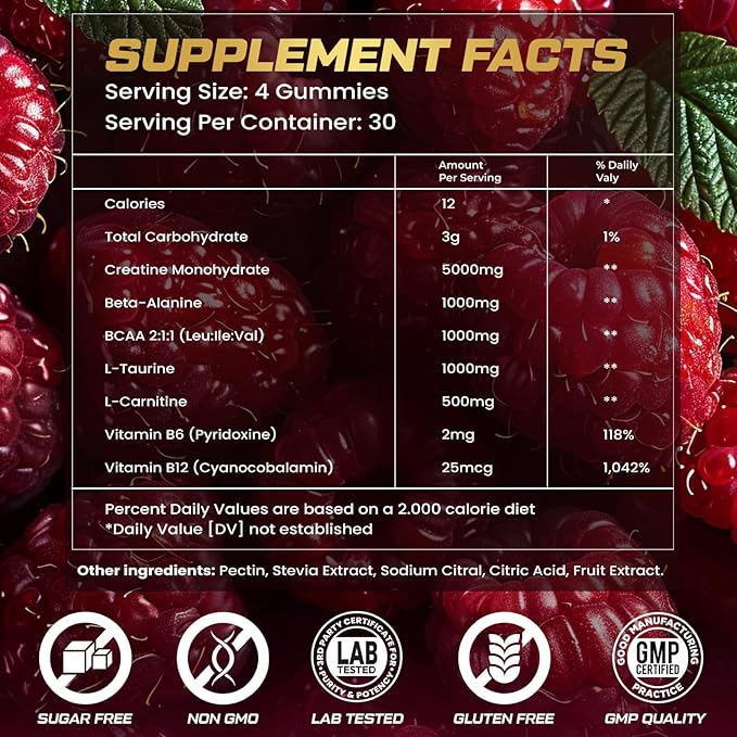 Creatine Monohydrate Gummies for Men &amp Women 9000MG Creatine Gummies Sugar Free with L-Taurine BCAA 2:1 B12 B6 for Boost Strength Focus &amp Endurance Vegan Non-GMO Raspberry 120*2 Bottle
