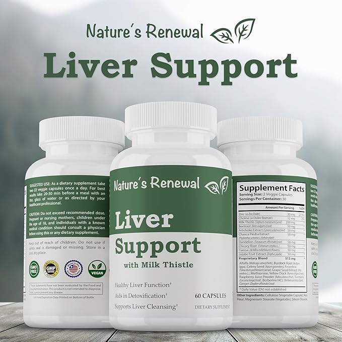 Nature's Renewal Liver Support Supplement – Cleanse Detox Repair Renew Recovery Formula with Milk Thistle Dandelion Root Artichoke Extract Choline Turmeric – 60 Capsules