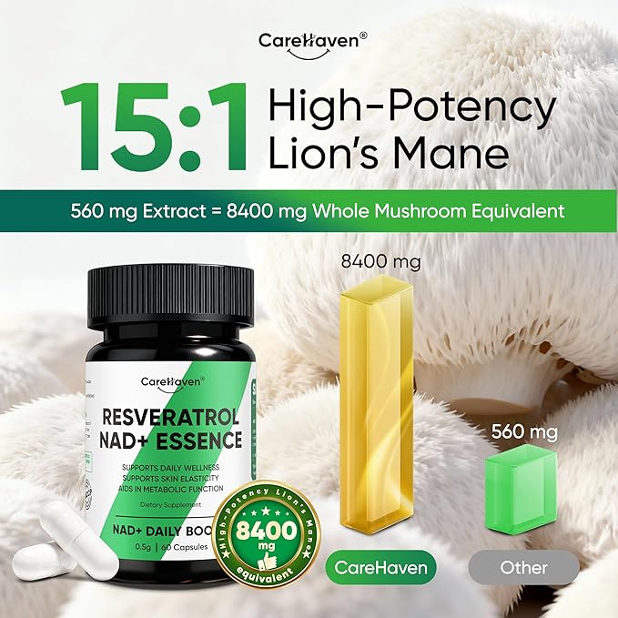 NAD+ Resveratrol Essence Capsules - 5mg NAD+ &amp Lion's Mane Mushroom - Supports Healthy Cell Function &amp Daily Wellness - 60 Active Dietary Capsules (1PCS)