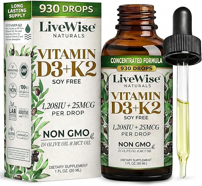 Vitamin D3 K2 Drops for Adults - 930 Drops Ultra Concentrated Formulation Fast Absorption 1208 IU Vitamin D3 25 MCG (MK-7) - Micro-Dosing Dropper for Calcium &amp Bone Support