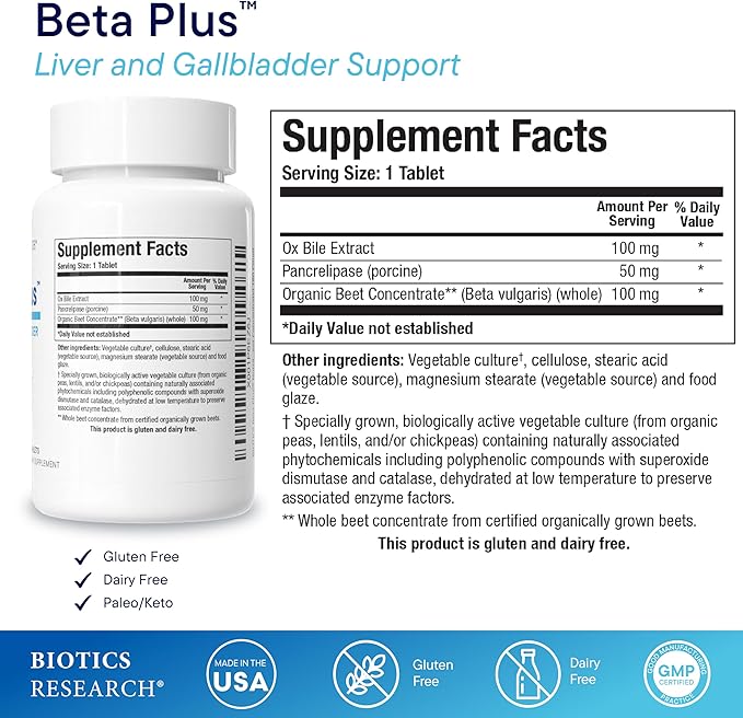 Biotics Research Beta-Plus™ Nutritional Ox Bile Salts Digestive Enzymes Supplement For Bile Production For No Gallbladder-Supports Overall Liver Function Aids Fat Digestion Supplies Betaine 180 Tabs