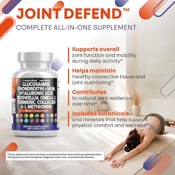 Clean Nutraceuticals Glucosamine Chondroitin MSM 1500mg with Turmeric Curcumin Collagen Hyaluronic Acid Omega 3 – Joint Health Supplement for Men &amp Women (120 Count (Pack of 2))