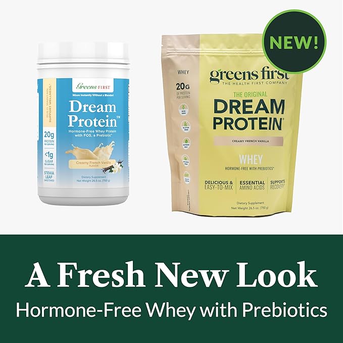 Greens First Dream Protein Powder Whey - 20g Protein Per Serving - Hormone-Free with Prebiotics - Non-GMO - No Artificial Sweeteners/MSG/Aspartame (Creamy French Vanilla 26.5 oz)