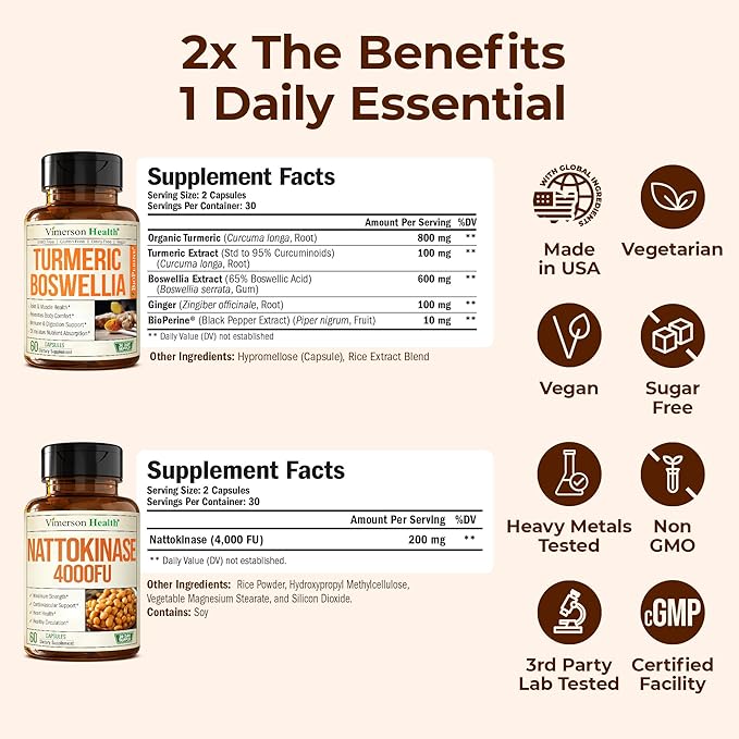 Boswellia Turmeric Curcumin Supplement + Nattokinase Supplement Bundle – Supports Joint &amp Heart Health Healthy Circulation &amp Smooth Flow – with Ginger Organic Turmeric Powder &amp Nattokina