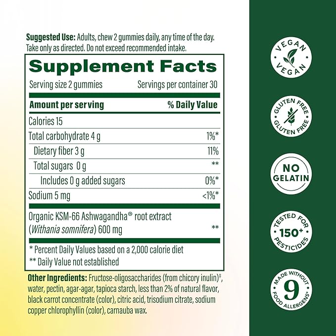 MegaFood Zero Sugar Ashwagandha Gummies - with Clinically Studied Ashwagandha KSM 66 - Cortisol Reducer &amp Stress Support - Mixed Berry Flavor No Gelatin Vegan - 60 Gummy Vitamins 30 Servings