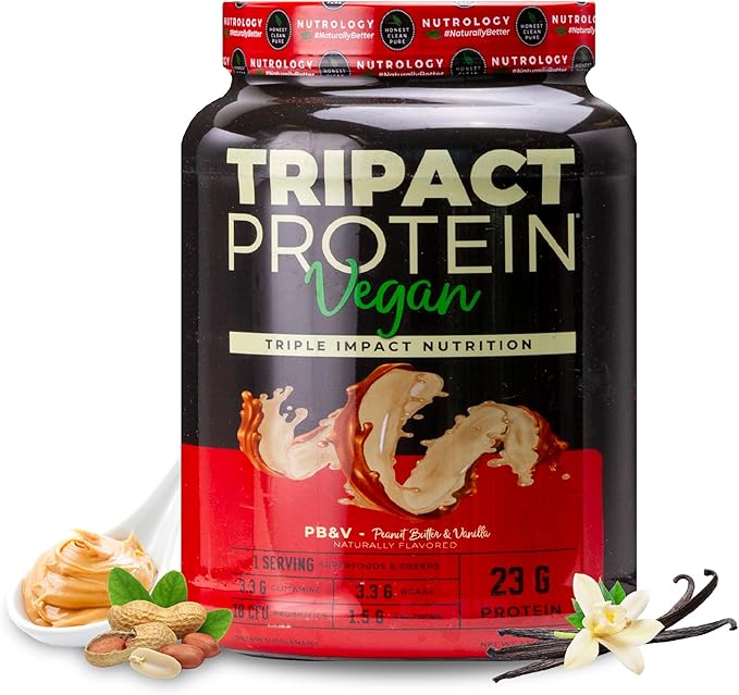Nutrology TRIPACT Vegan Protein Powder - Organic Pea Rice &amp Pumpkin Blend Meal Replacement Shake with BCAAs &amp Glutamine for Muscle Recovery &amp Immunity Peanut Butter &amp Vanilla Flavor
