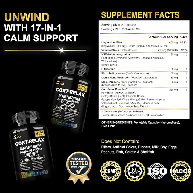 Super Calm Cortisol Supplement with Magnesium Glycinate Ashwagandha KSM-66 L-Theanine Phosphatidylserine Ginkgo Biloba &amp Lions Mane for Calm Focus Mental Clarity Relaxation Sleep Energy