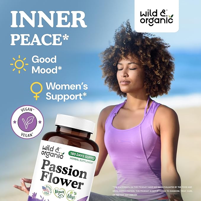 Wild &amp Organic Passion Flower Capsules 600 mg - Calming &amp Mood Support - Passionflower Extract Supplement - Passiflora Incarnata Herb - Vegan No Fillers Non-GMO - 180 Count