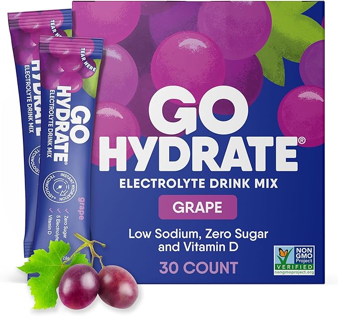 GoHydrate Instant Hydration Powder Packets - Low Sodium Electrolytes Drink Mix - Natural Hydration Support Sugar Free Electrolyte Flavored Powder Drink with Vitamin D 30 Packs Grape