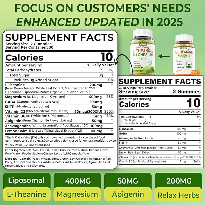 Liposomal L-Theanine 200mg Magnesium Glycinate 400mg Gummies with GABA 5HTP Apigenin Vitamin B6 &amp D3 Ashwagandha Lemon Balm Leaf Melatonin Free Sleep Chewable for Relax Mood &amp Muscle 2