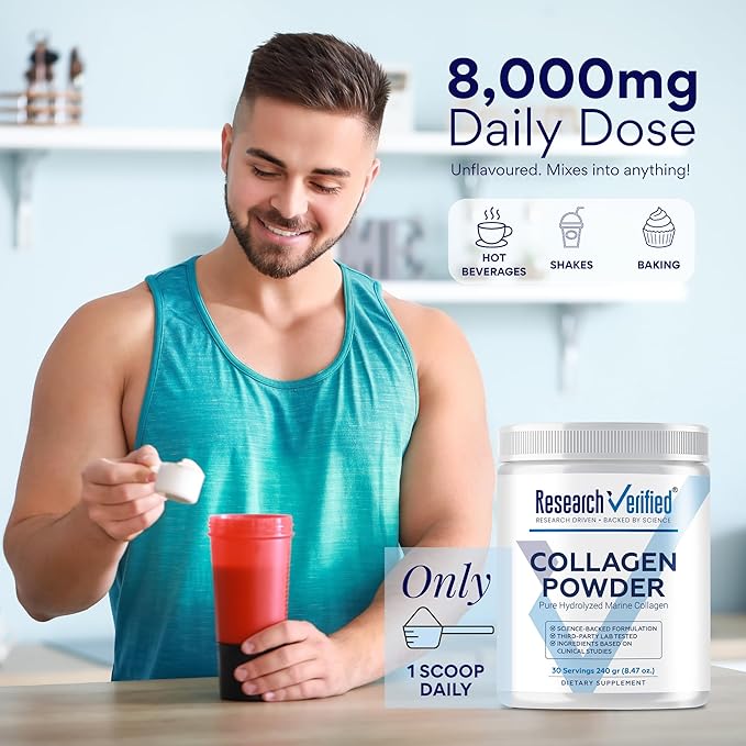 Research Verified® Collagen Powder - Hydrolyzed Marine Collagen Peptides - Unflavored - Skin Hydration and Elasticity Muscle Recovery Non GMO - 30 Scoops Per Container - 3 Month Supply
