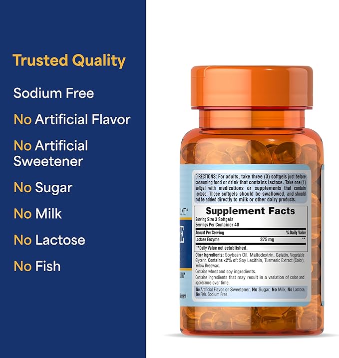 Puritan's Pride Lactase Enzyme Milk and Dairy Digestant Dietary Supplement Support for Digestion and Cellular Energy Support 40 Day Supply 120 Softgels