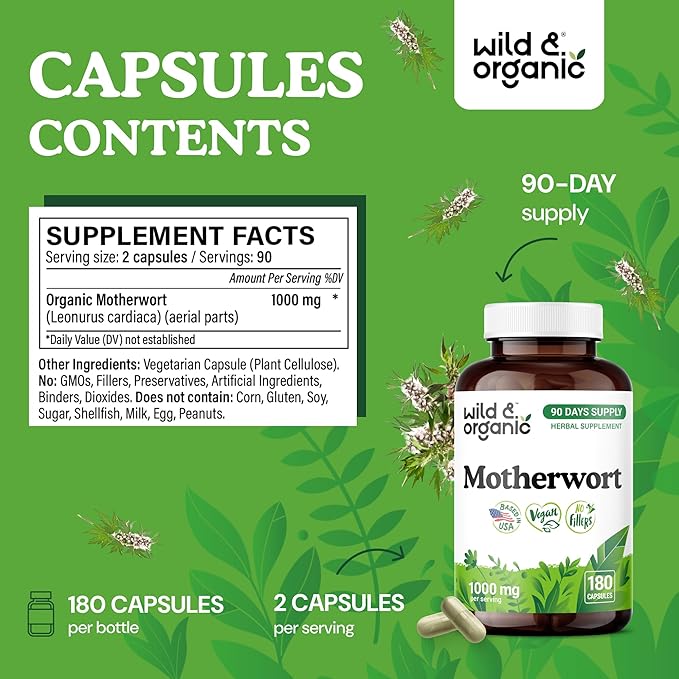 Wild &amp Organic Motherwort 180 Capsules &amp Lemon Balm Tincture 4 fl oz