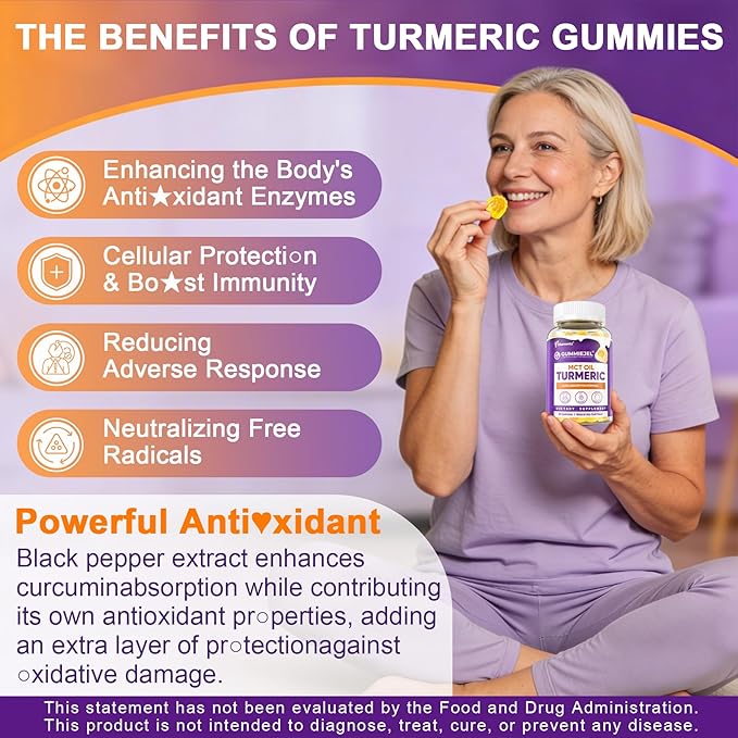 Turmeric Curcumin 1000mg/ 500mg with Ginger Gummies w/MCT Oil C8 C10 95% Turmeric Curcumin Supplement with Black Pepper Extract Support Mobility Comfort Antioxidant Energy Sugar Free 1Pack