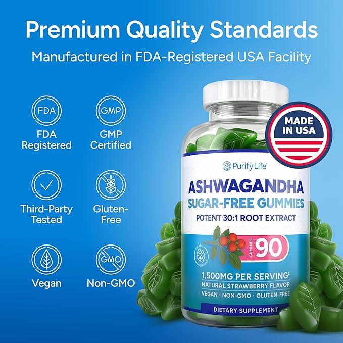 Sugar-Free Ashwagandha Gummies for Stress Sleep &amp Mood Support - High-Potency 30:1 Ashwagandha Supplement Extract - Vegan Adaptogen Supplement for Women &amp Men Natural Flavor Plant-Based 90