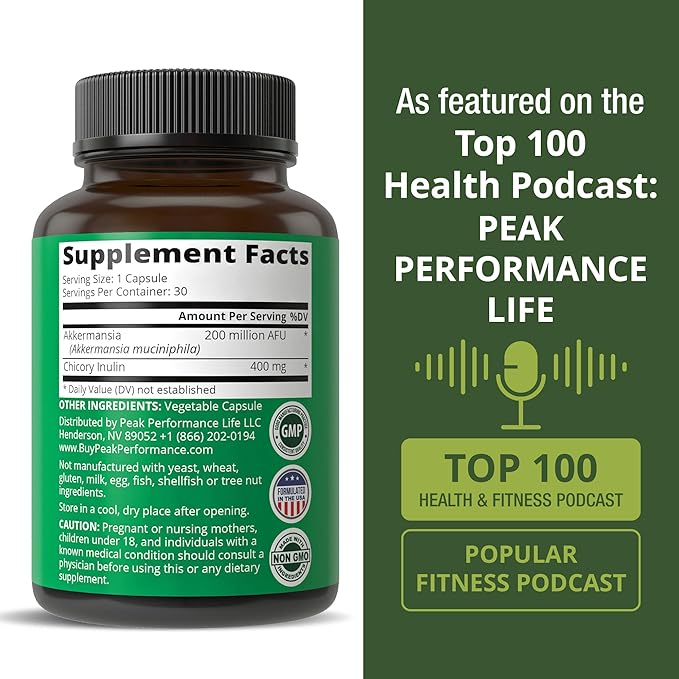 Peak Performance Akkermansia Probiotic to Increase GLP-1 Production - Ultra High Strength Akkermansia Muciniphila Live Strain with Prebiotic Fiber for Gut Health - Delayed Release 3rd Party Tested