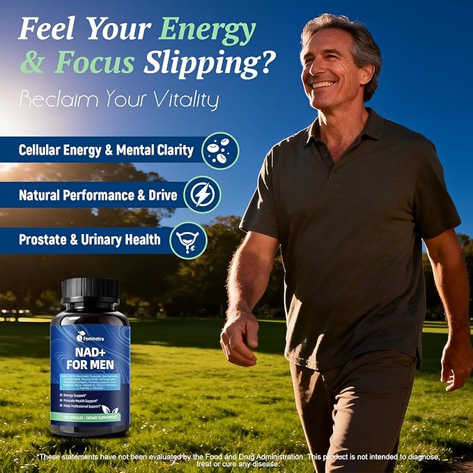 NAD+ Supplements for Men with Saw Palmetto | All-in-One Cellular Energy Prostate Support &amp Nitric Oxide Supplement with Resveratrol L-Arginine | Non-GMO 120 Capsules