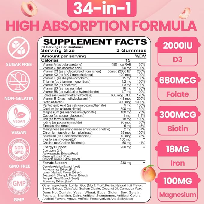 Organic Women's Multivitamin Gummies: Vegan Vitamin Supplement with Iron B12 D3 Biotin Magnesium Plus Ashwagandha for Hair Skin Health Boost Energy - Sugar Free Methylated Gummy(120Count)