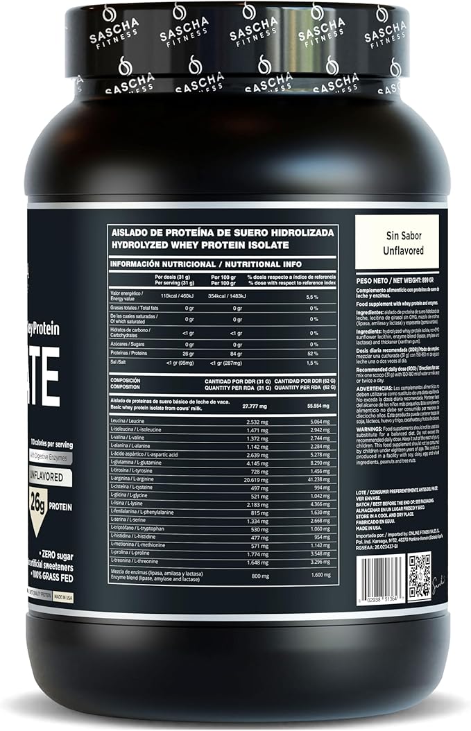 SASCHA FITNESS Hydrolyzed Whey Protein Isolate100% Grass-Fed (2 Pounds All) (Unflavored)