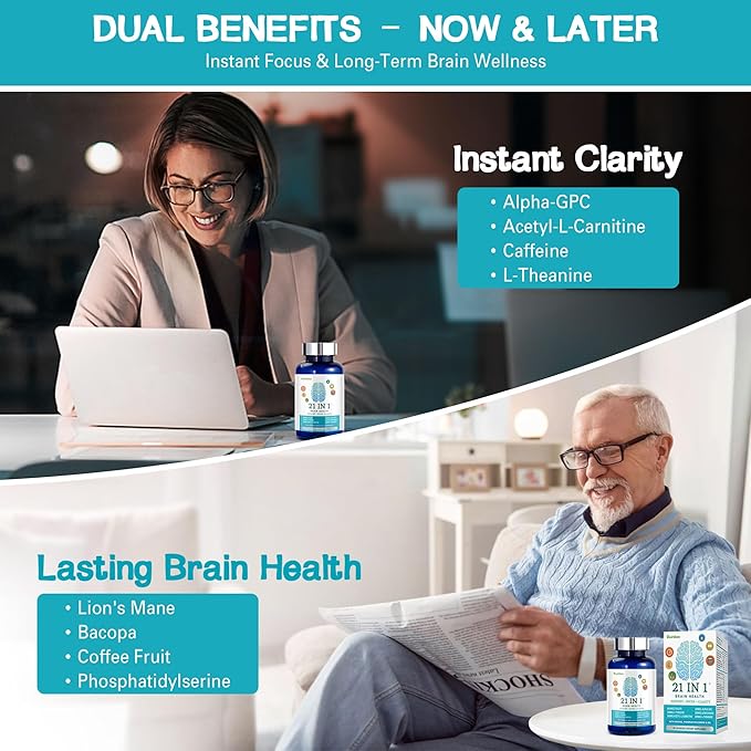 Brain Supplements for Memory and Focus 21-in-1 Brain Supplement for Mental Alertness Cognitive with 300mg Alpha-GPC 300mg Lion’s Mane L-Theanine Phosphatidylserine Vitamins B6 B12 90 Capsules