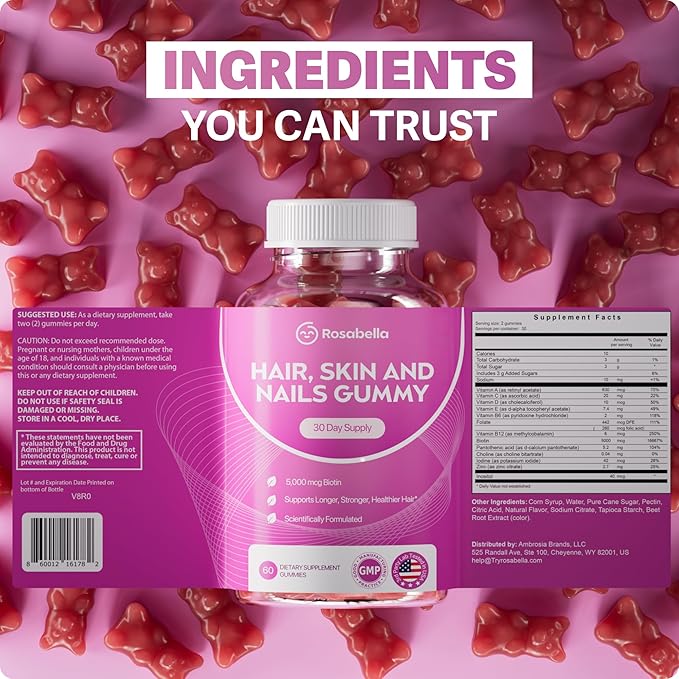 Rosabella® Hair Growth Vitamin Gummies [60 Gummies] Biotin for Faster Hair Growth Women &amp Men - Nail Skin (5.000mcg Biotin) (60 Count (Pack of 3))