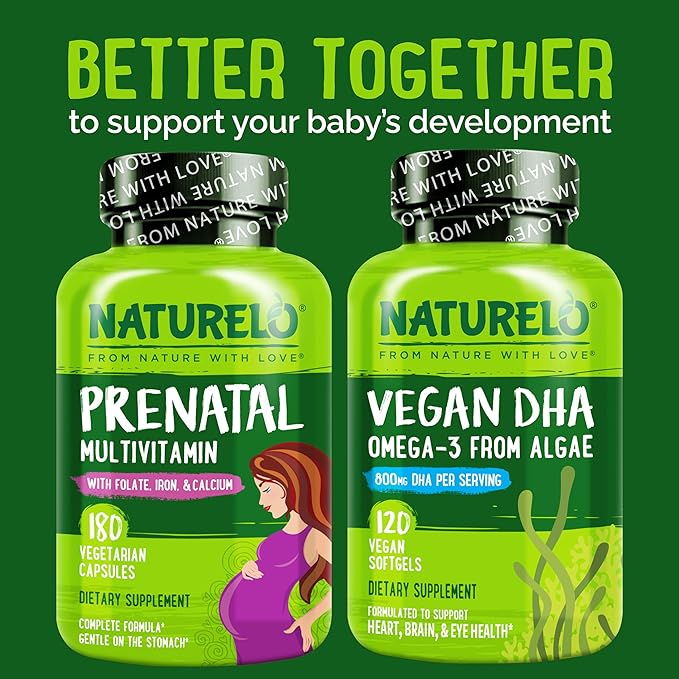 NATURELO Prenatal Multivitamin with Gentle Chelated Iron Methyl Folate Plant Calcium &amp Choline - Vegan Vegetarian - Non-GMO - Gluten Free - 180 Capsules - 4 Month Supply (Pack of 2)
