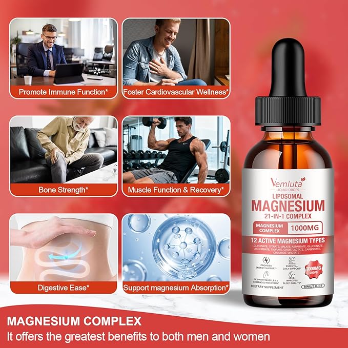2 Packs 21-in-1 Liposomal 12 Active Magnesium Complex 2000MG+ Liquid Drops - with Magnesium GlycinateCitrate etc Ashwagandha &amp L-TheanineCoQ10 for Mood MuscleHeart &amp Relaxation Nerve* Sup