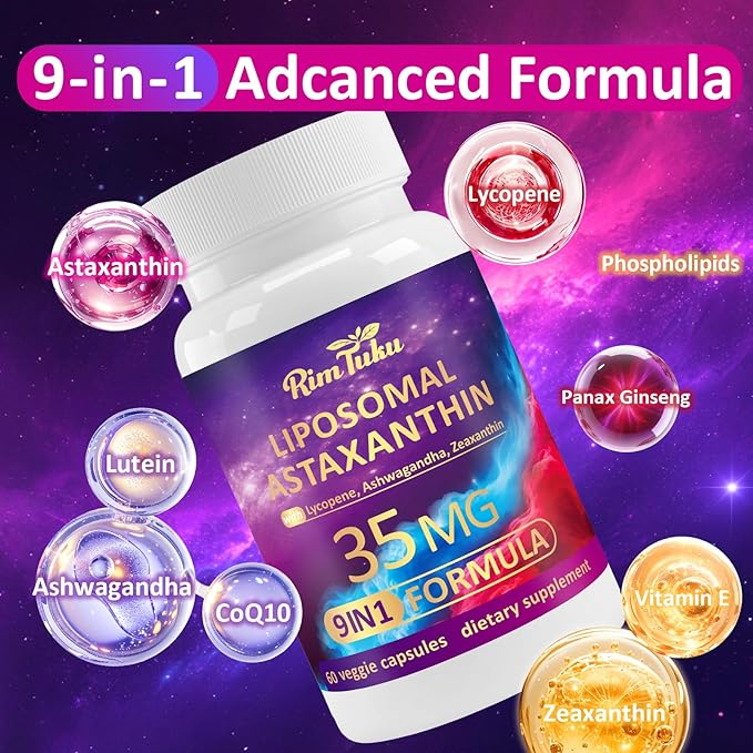 Liposomal Astaxanthin Supplement Complex 9-in-1 with Ashwagandha Lycopene Zeaxanthin Antioxidant Supplement Support Eye Skin &amp Joint Health 240 Capsules
