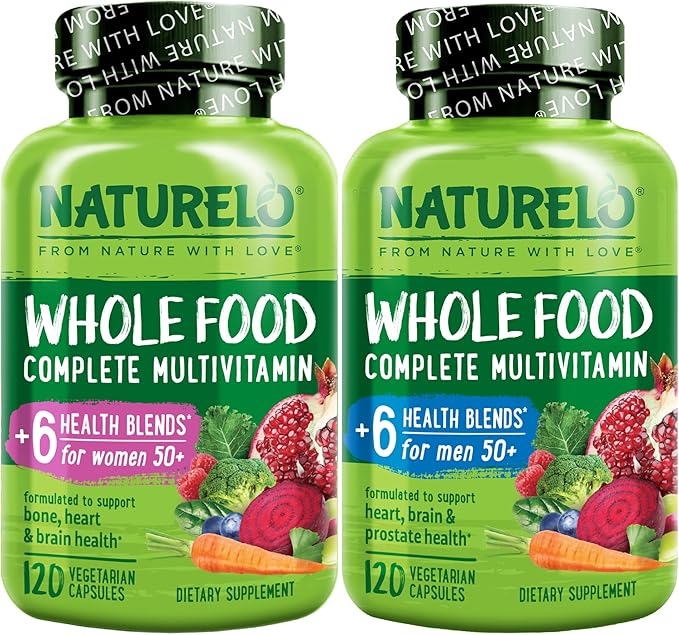 NATURELO Whole Food Multivitamin for Women 50+ (Iron Free) - 120 Vegan Capsules and Whole Food Multivitamin for Men 50+ - 120 Capsules Bundle