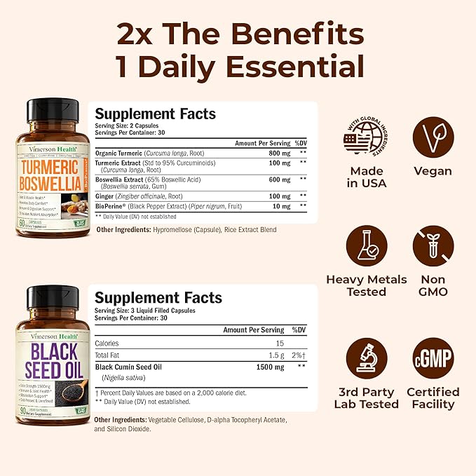 Boswellia Turmeric Curcumin Supplement + Black Seed Oil Bundle – Joint Health Immune Support Antioxidants Digestion – with Ginger Root Organic Turmeric Powder Cold Pressed Black Seed Oil Capsules