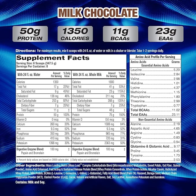 MHP UYM XXXL 1350 Mass Building Weight Gainer Muscle Mass Gains w/50g Protein High Calorie 11g BCAAs Leucine Milk Chocolate 8 Servings