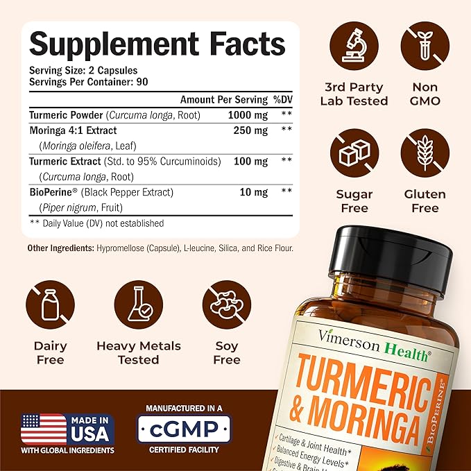 Moringa Turmeric Curcumin Supplement for Joint Health Gut Health Energy &amp Immune Support – Turmeric Curcumin with Black Pepper – Total Wellness Formula with Tumeric Moringa Pure Capsules – 180 C