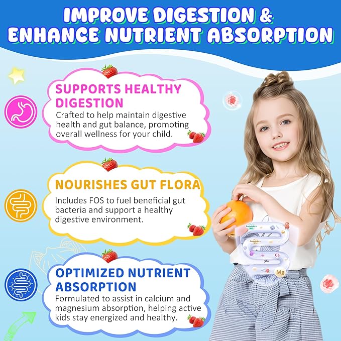Kids Calcium Gummies + D3 &amp Magnesium for 4+ with Calcium Citrate Calcium Gluconate Calcium LactateProbiotics &amp Prebiotics for Children Bone HealthMuscle SupportDigestive HealthSugar Fre