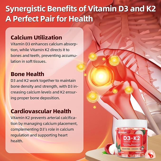 Vitamin D3 K2 Gummies w/Magnesium Sugar Free - 90 Count | D3 Vitamin 5000 IU + K2(MK-7) 100 mcg - Vegan K2 D3 Vitamin Supplement Highly Absorbent Supports Bone Muscle Mood &amp Immune(Lychee Flav